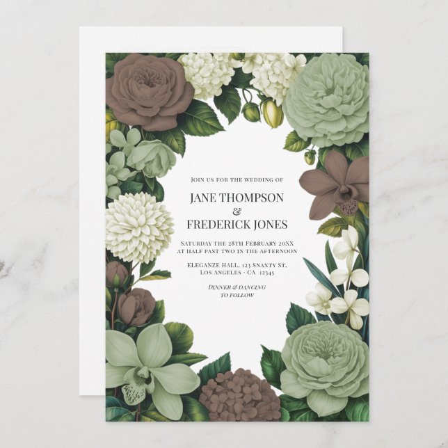 Convite Sage Green, Taupe & Ivory Floral Wedding (Frente/Verso)