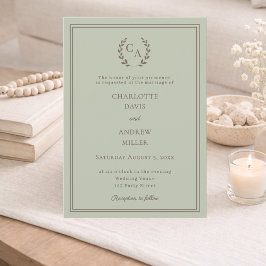 Convite Sage green taupe wreath monogram simple wedding