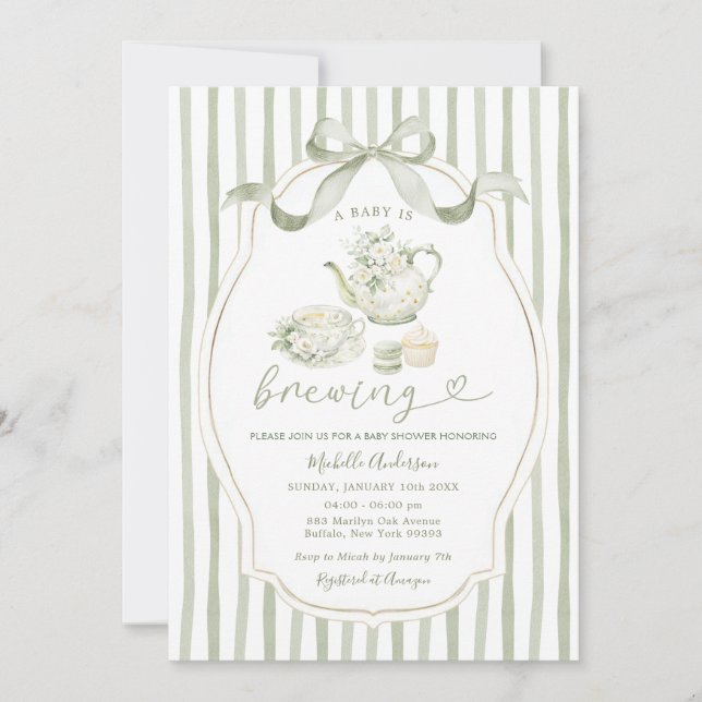 Convite Sage Green Tea Party Baby Shower Stripe Invitation (Frente)