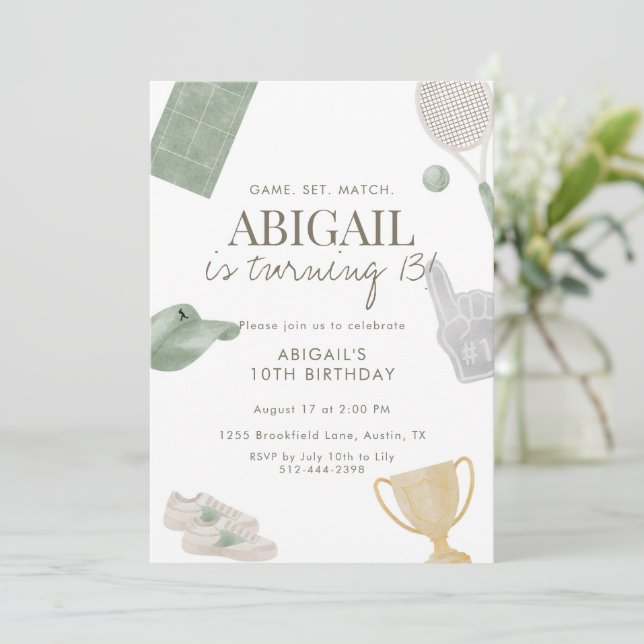 Convite Sage Green Tennis 13th Birthday Party for Girls (Em pé/Frente)