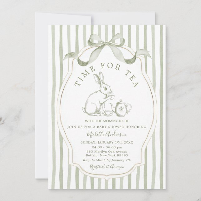 Convite Sage Green Time for Tea Rabbit Invitation (Frente)