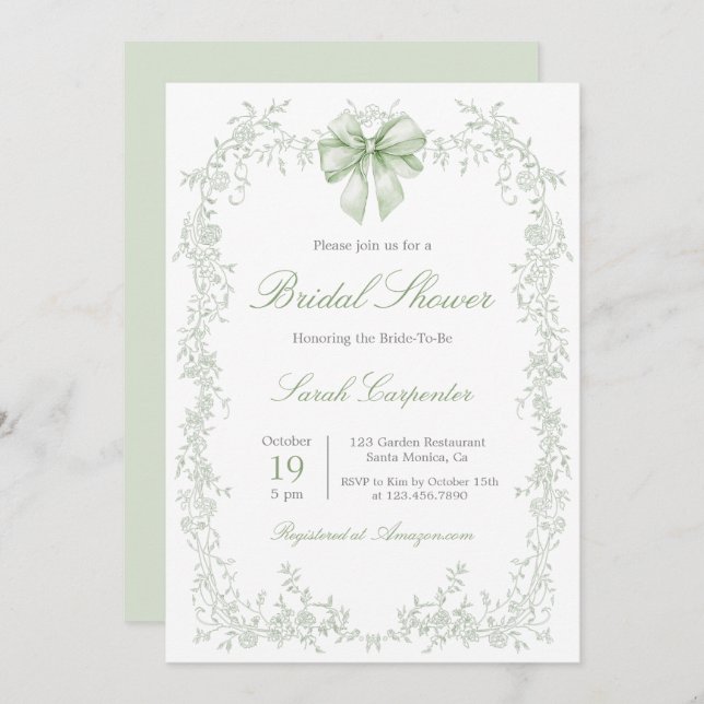 Convite Sage Green Toile and Bow Bridal Shower (Frente/Verso)
