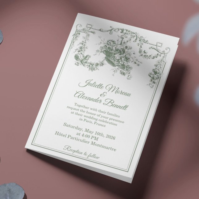 Convite Sage Green Toile de Jouy Paris Wedding Invitation (Criador carregado)