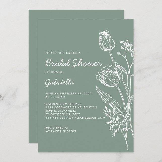 Convite Sage Green Tulip Line Art Garden Bridal Shower (Frente/Verso)