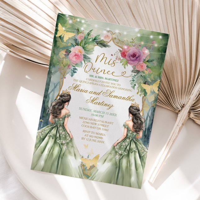 Convite Sage Green Twin Royal Princess Forest Quinceañera (Criador carregado)