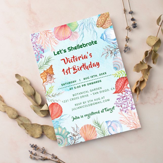 Convite Sage Green Underwater Seashell Foto de Aniversário (Criador carregado)