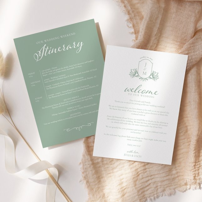 Convite Sage Green Victorian Crest Welcome/Itinerary (Criador carregado)