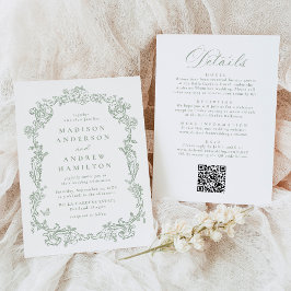 Convite Sage Green Victorian Floral All in One Wedding
