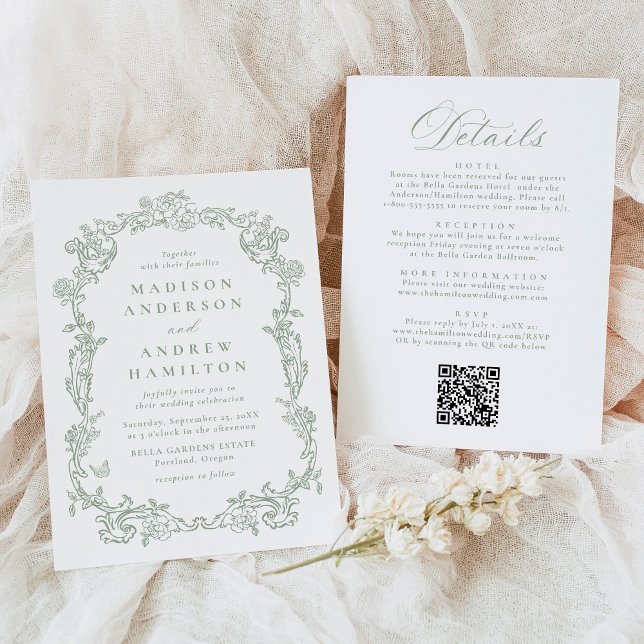 Convite Sage Green Victorian Floral All in One Wedding (Criador carregado)