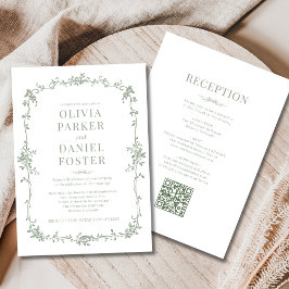 Convite Sage Green Victorian QR Code All in One Wedding