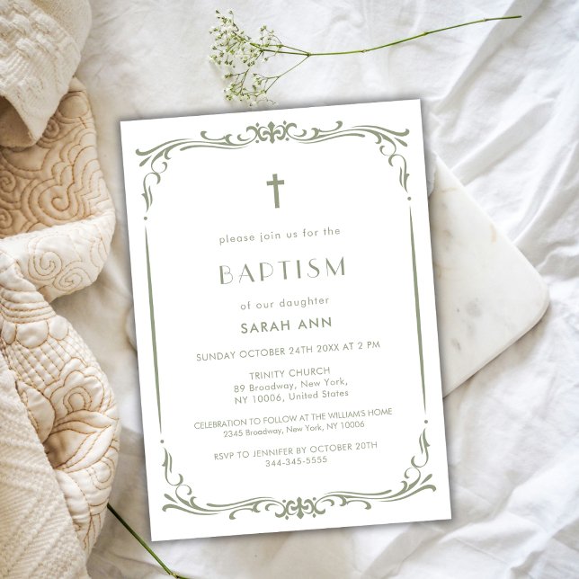 Convite Sage Green Vintage Baptism Christening Cross (Sage Green Vintage Baptism Christening Cross Invitation)
