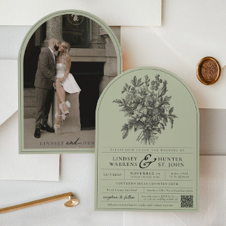 Convite Sage Green Vintage Floral Photo Arch Wedding