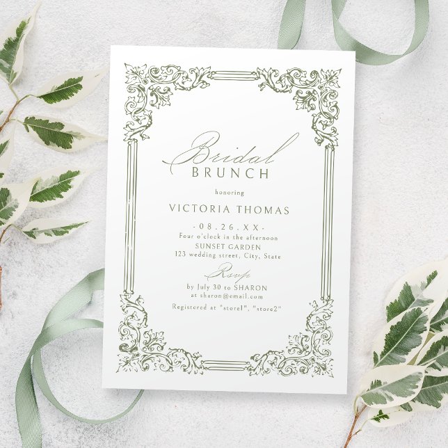 Convite Sage Green Vintage Frame Elegante Bridal Brunch (Sage Green Vintage Frame Elegant Bridal Brunch Invitation)