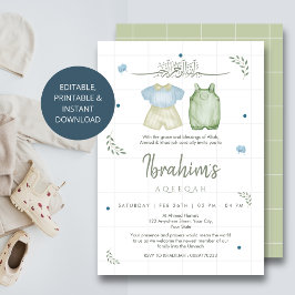 Convite Sage Green Watercolor Baby Boy Aqeeqah Invitation