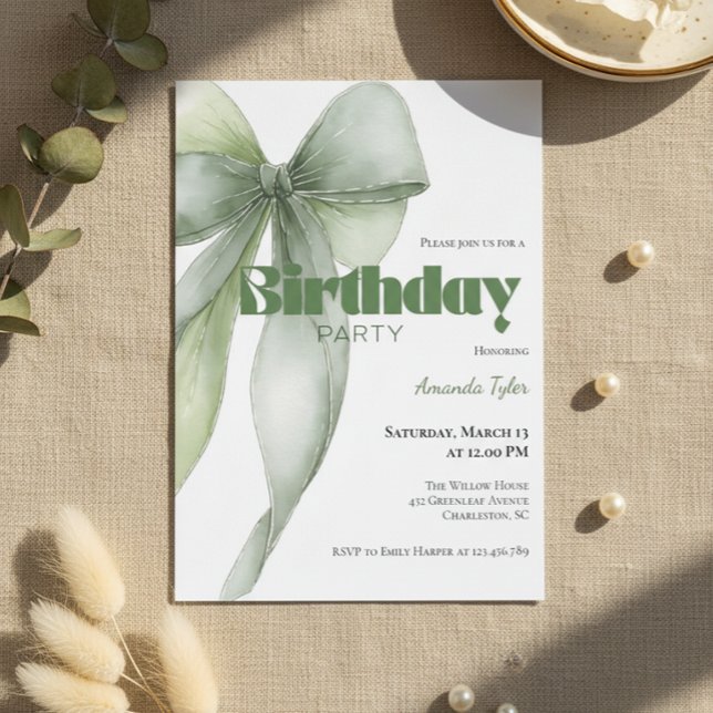 Convite Sage Green Watercolor Bow Birthday  (Sage green watercolor bow birthday invitation with elegant neutral design)