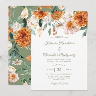 Convite Sage Green Watercolor Flora Orange Elegant Weding