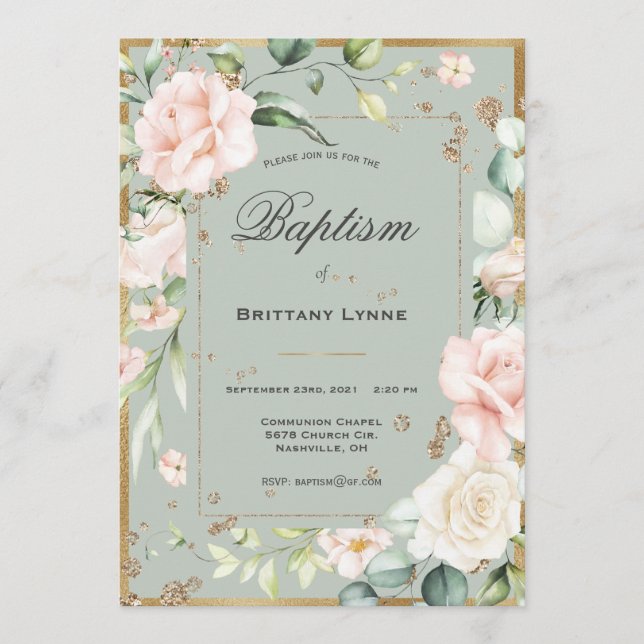 Convite Sage Green Watercolor Floral Baptism (Frente)