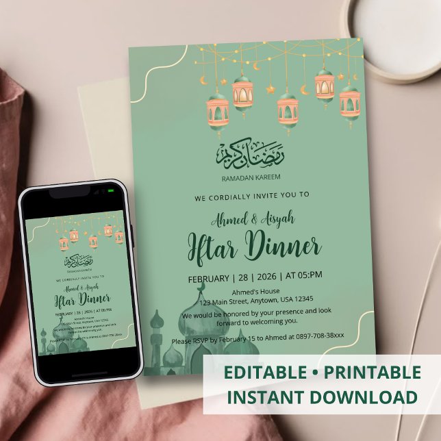 Convite Sage Green Watercolor Mosque Iftar Dinner (Criador carregado)