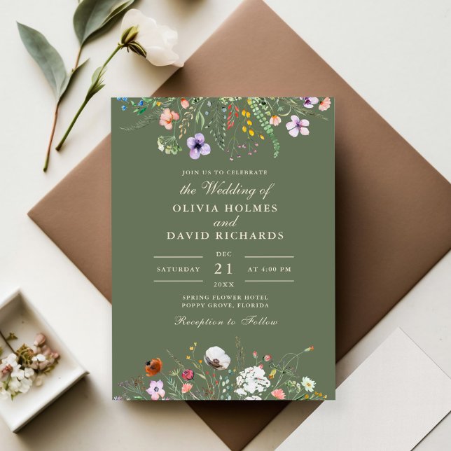 Convite Sage Green Watercolor Wildflower Meadow Wedding (Sage Green Watercolor Wildflower Meadow Wedding Invitation on wedding table)