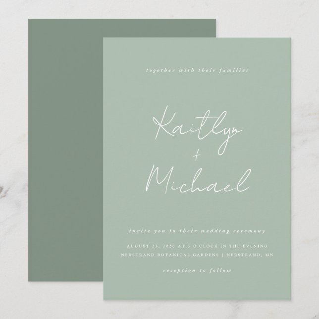 Convite Sage Green Wedation Invitation Modern Handwriting (Frente/Verso)