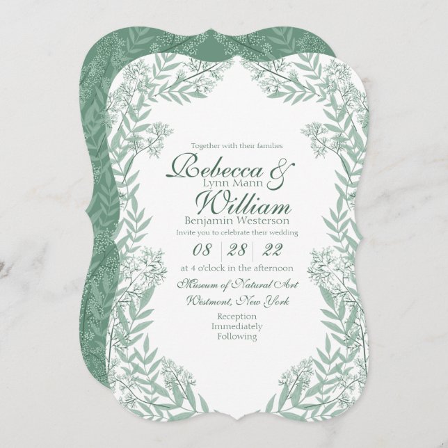 Convite Sage Green Wedding Vintage Botanical (Frente/Verso)