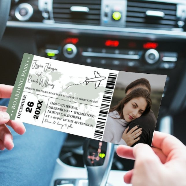 Convite Sage green Wedsing Bilhete de embarque (Criador carregado)