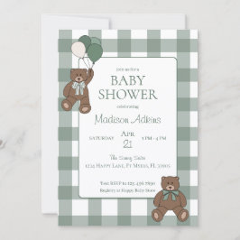 Convite Sage Green White Bows and Teddy Bears Baby Shower
