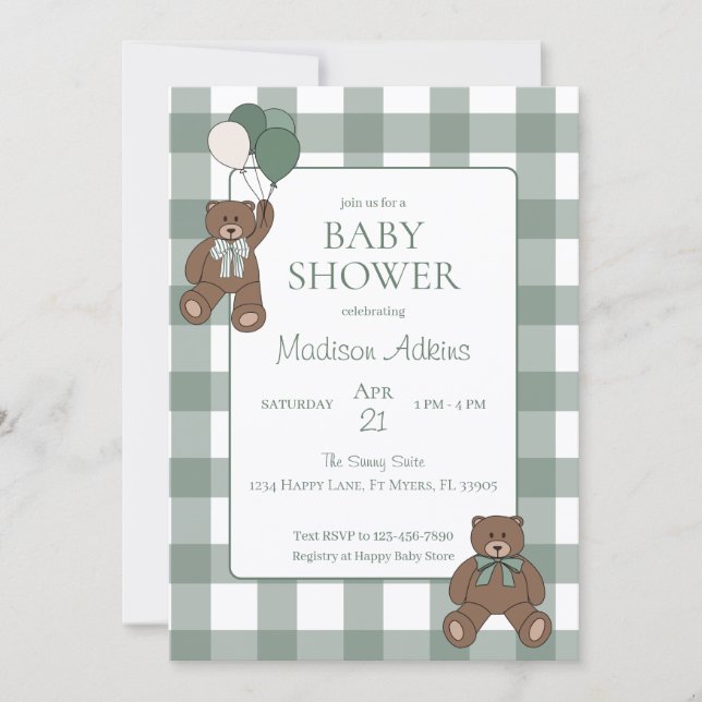 Convite Sage Green White Bows and Teddy Bears Baby Shower (Frente)