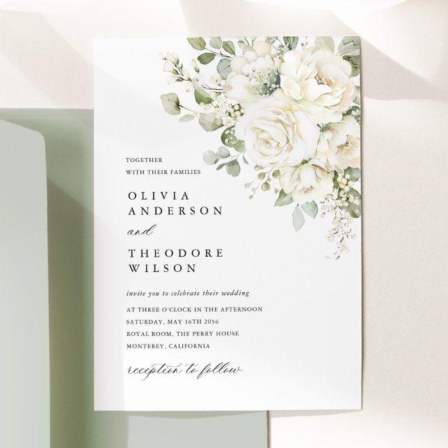 Convite Sage Green White Floral Watercolor Elegant Wedding (Sage green white floral watercolor wedding invitation card, bouquet design, wedding stationery)