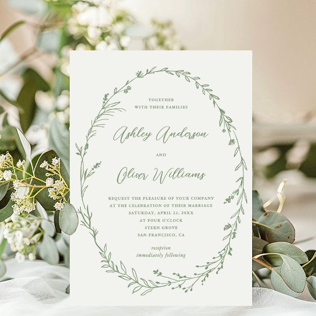 Convite Sage Green White Rustic Wildflower Wreath Casament (Criador carregado)
