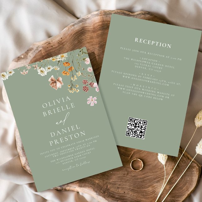 Convite Sage Green Wildflower All in One QR Code Wedding (Criador carregado)