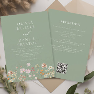 Convite Sage Green Wildflower All in One QR Code Wedding