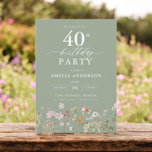 Convite Sage Green Wildflower aniversário de 40 anos