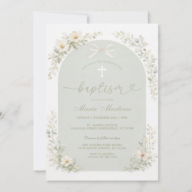 Convite Sage Green Wildflower Arch Baptism Invitation (Frente)