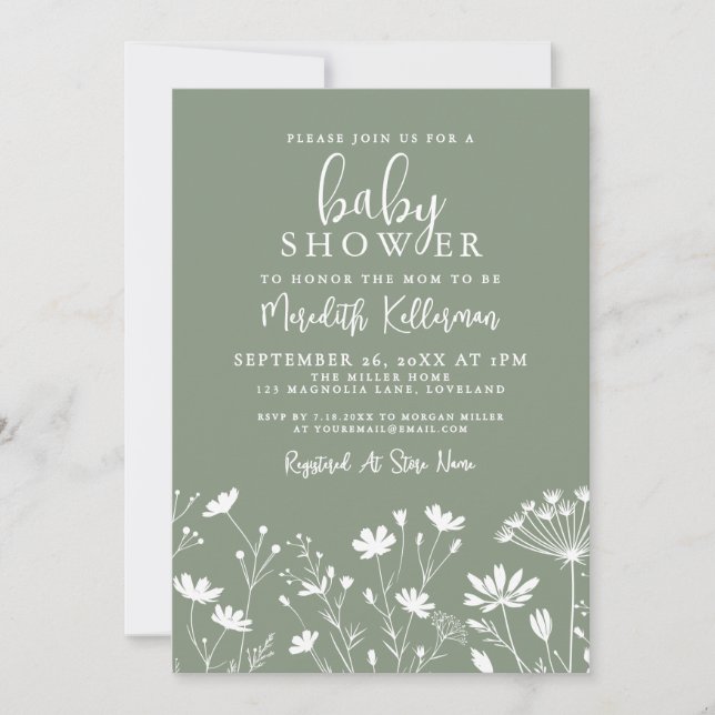 Convite Sage Green Wildflower Baby Shower (Frente)