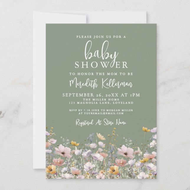 Convite Sage Green Wildflower Baby Shower (Frente)