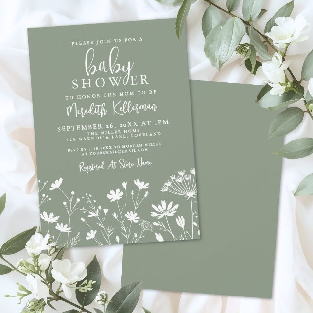 Convite Sage Green Wildflower Baby Shower (Sage Green Wildflower Baby Shower Invitation)
