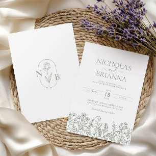 Convite Sage Green Wildflower Boho Casamento Monograma