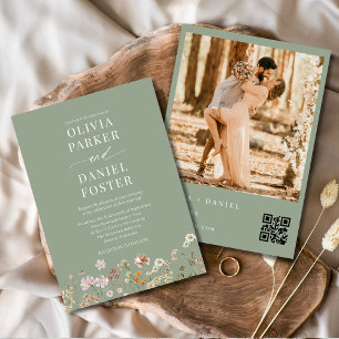Convite Sage Green Wildflower Código QR Foto Boho Casament