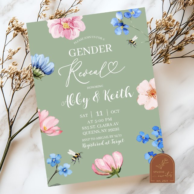 Convite Sage Green Wildflower Gender Reveal Invitation (Criador carregado)