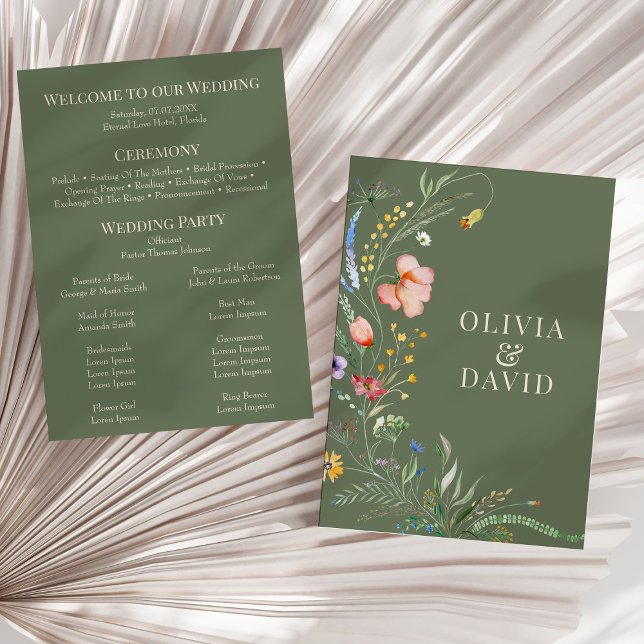 Convite Sage Green Wildflower Meadow Weding Program (Sage Green Wildflower Meadow Wedding Program on a sunny neutral dry palm leaf.)