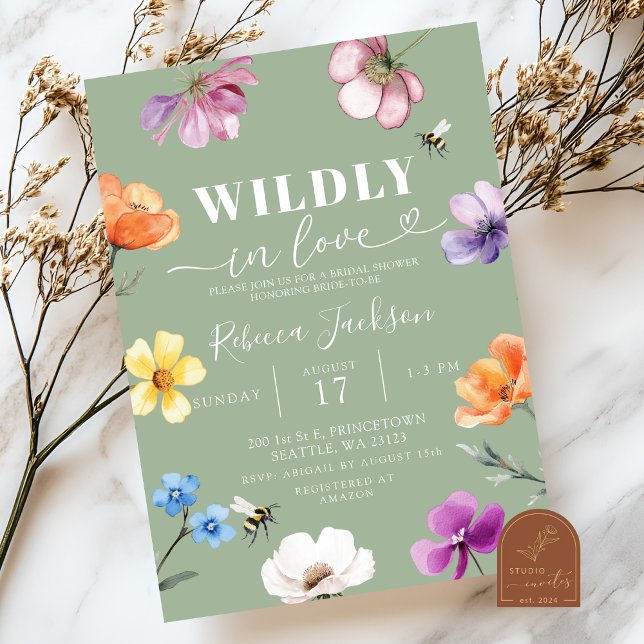 Convite Sage Green Wildflower Wildly in Love Bridal Shower (Criador carregado)