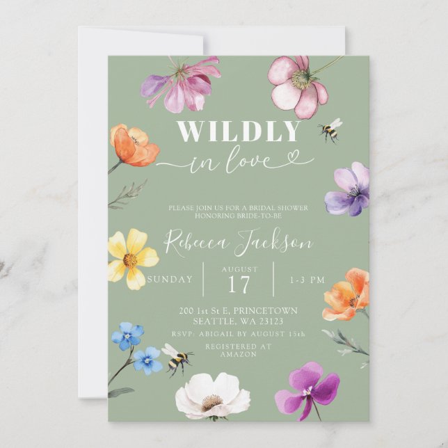 Convite Sage Green Wildflower Wildly in Love Bridal Shower (Frente)