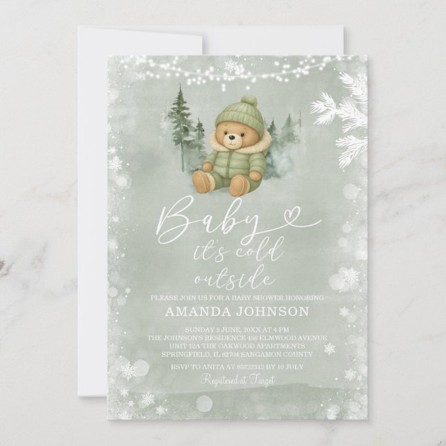 Convite Sage Green Winter Boy Bear Baby É Frio Lá Fora (Frente)