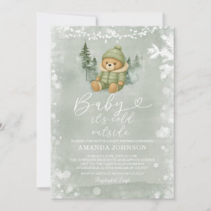 Convite Sage Green Winter Boy Bear Baby É Frio Lá Fora
