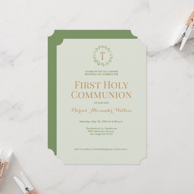 Convite Sage Green Wreath Cross Boy First sagrada comunhão (Frente/Verso In Situ)