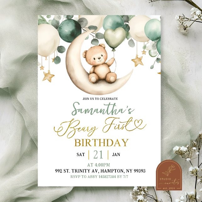 Convite Sage Greenery Beary First Birthday (Criador carregado)
