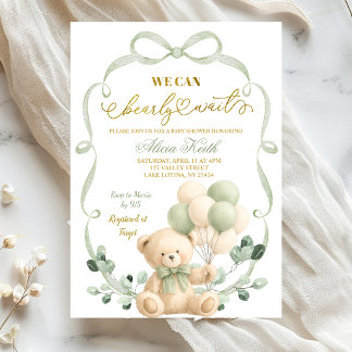 Convite Sage Greenery Bow Coquette Bear Baby Shower