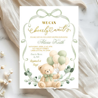 Convite Sage Greenery Bow Coquette Bear Baby Shower