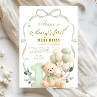 Convite Sage Greenery Bow Coquette Beary First Birthday